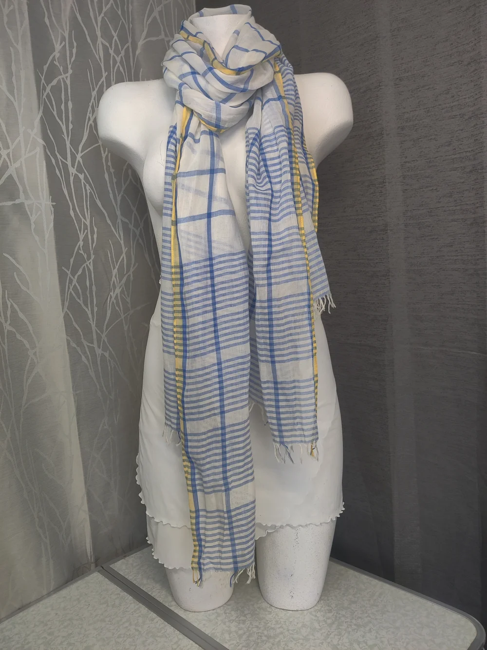 Naturally Knotty Oversized Rayon Scarf Wrap White Blue Sheer Lightweight 32x86